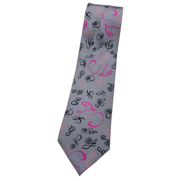 CHRISTIAN LACROIX Men's 100% Silk Necktie LUXURY Gray Monogram Logo W:3.5" EUC